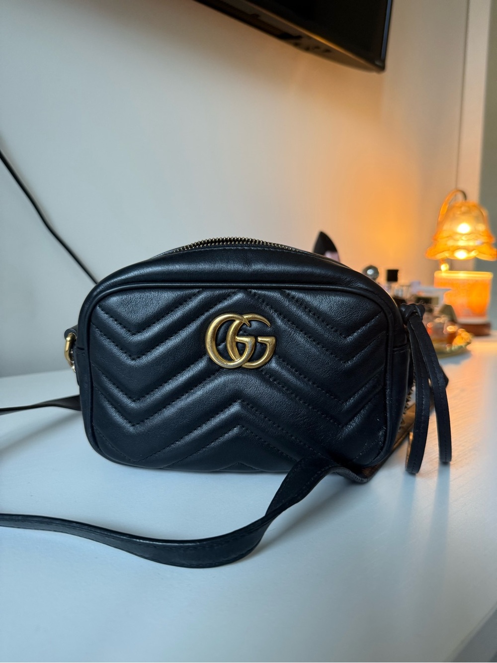 Gucci Black GG Marmont Chevron Leather Crossbody Bag